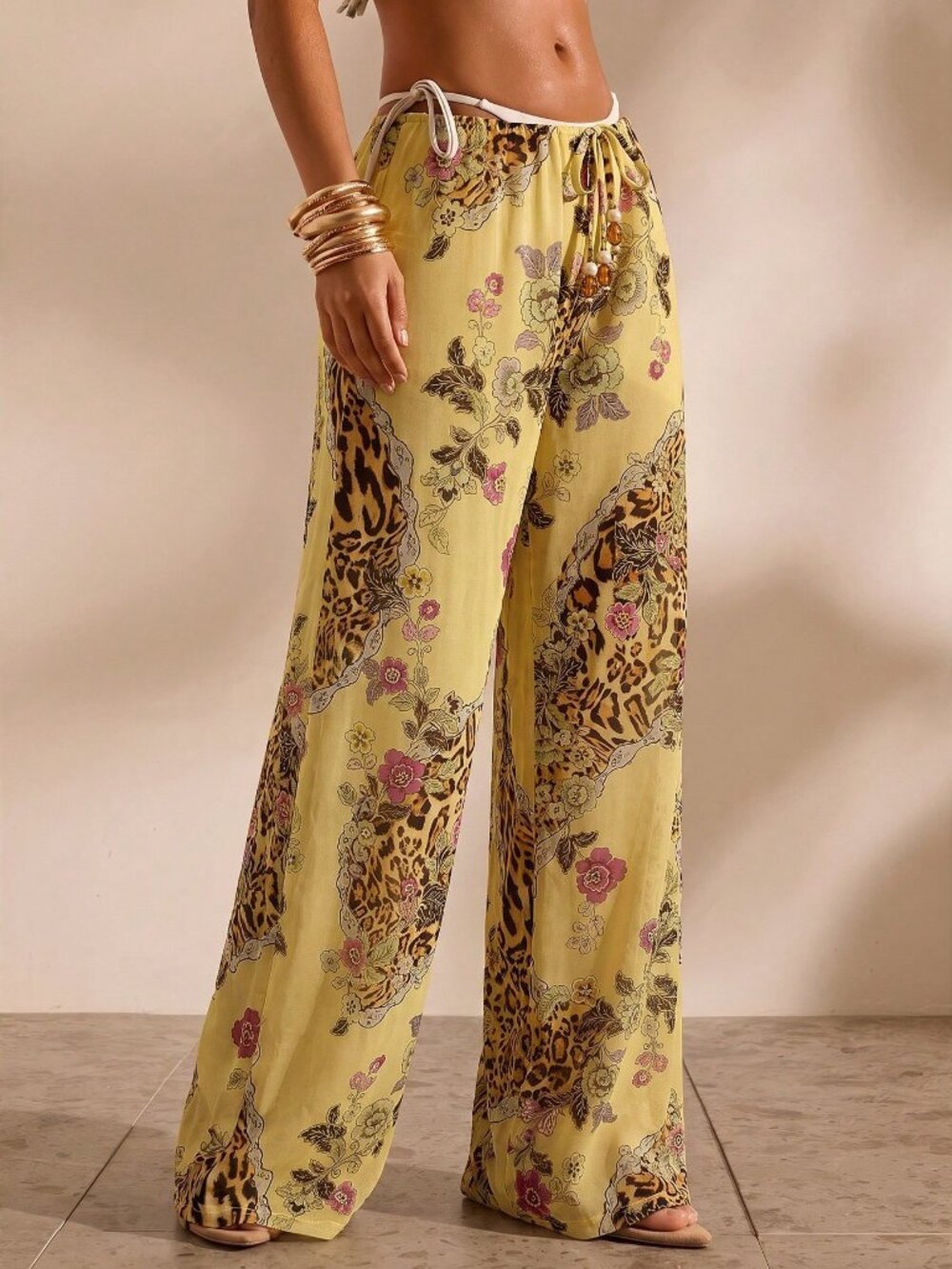 Multicolor Women's Floral Print Casual Vacation Cover-Up sheer Pants - Picture 6 of 8